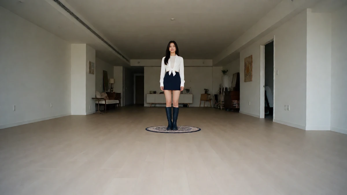 走廊制服图：成年女子穿白色上衣和深色短裙站在宽阔室内走廊