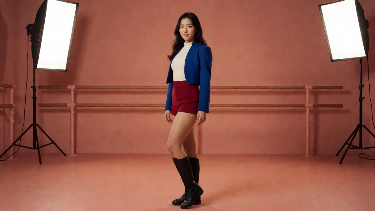 粉色影棚图：成年女子穿蓝色短外套和红色短裙站在摄影灯之间