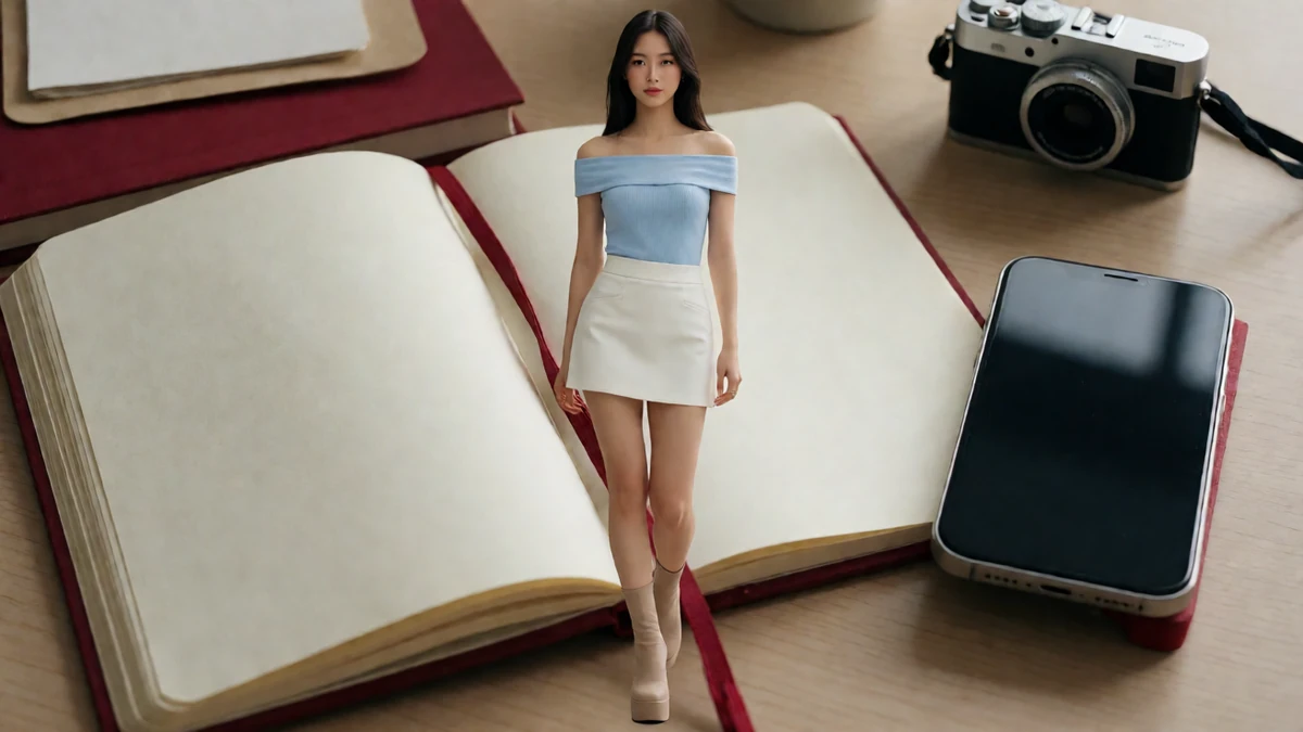 桌面相机图：成年女子穿浅蓝上衣和白色短裙站在相机、手机与笔记本布景前