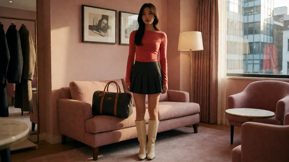 暖灯客厅图：成年女子穿红色上衣和深色短裙站在沙发和台灯旁