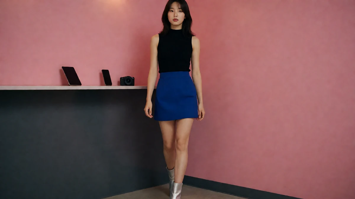 粉色柜台图：成年女子穿黑色上衣和蓝色短裙站在粉色柜台前